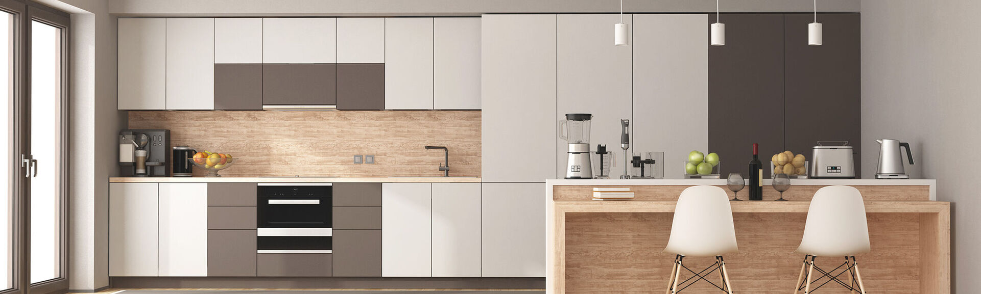 White and brown modern kitchen with wooden island