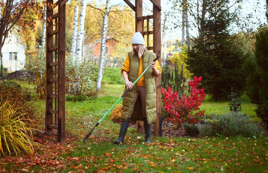 lady sweeping the garden of leaves